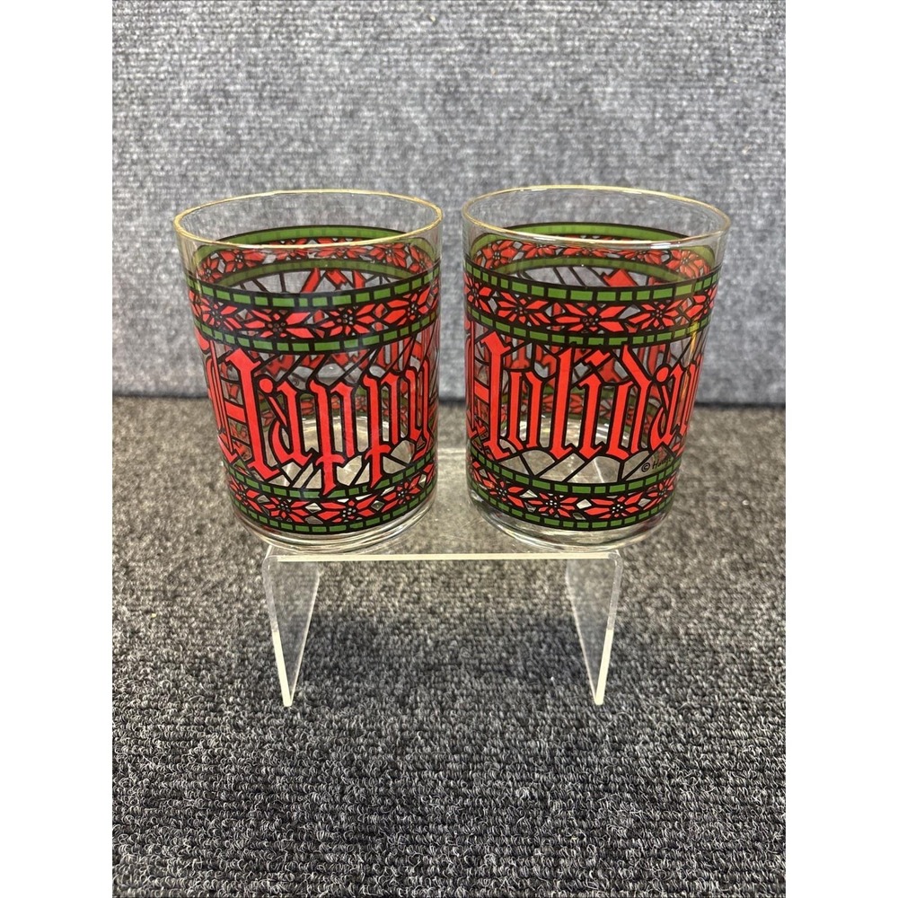 2~Vtg~70s~Houze~Happy Holidays~Double Old-Fashioned Glass~Gold Rimmed